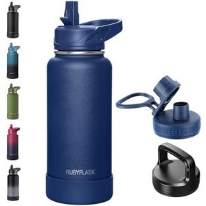 RUBYFLASK 32oz Insulated Water Bottle with Straw, Stainless Steel Metal Vacuum Water Flask, Large Thermal Water bottle with Leakproof 3 Lids for Travel, Camping, Gym Sports Navy