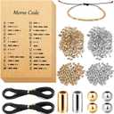 DIY Morse Code Bracelet Making Set, 800 Round Spacer Beads, 800 Long Tube Beads, 20 Morse Code Decoding Card and 2 Rolls 66 ft Waxed Polyester Twine Cord (Silver and Gold, Black Rope)