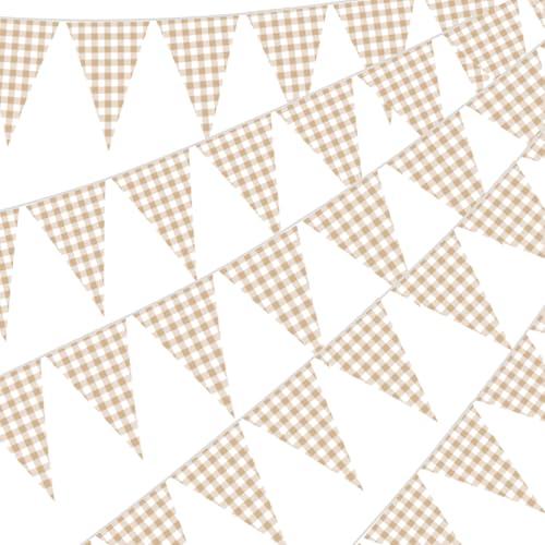 Gilprop 49.2 Ft / 60 Pieces Light Brown Plaid Party Decorations Pennant Banner Triangle Flags Garland Bunting Banner for Birthday Gender Reveal Wedding Baby Shower Decor Supplies