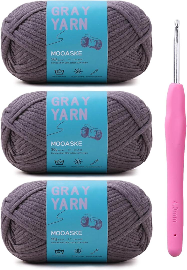 3 Pack (3 x 50g) Crochet Yarn with Crochet Hook - Worsted Medium Yarn for Crocheting - Easy-to-See Stitches Cotton-Nylon Blend Beginner Knitting Yarns for Adults and Kids (Dark Gray)