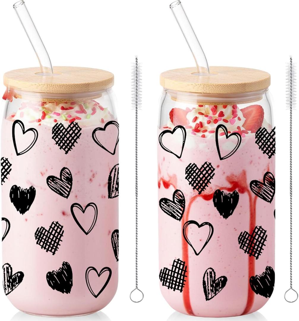 Sliner 2 Pcs Heart Glass Cups Iced Coffee Tumbler with Lid Straw 16 oz Drinking Glasses Cute Beer Can Tumbler Holiday Gifts for Home Office Decorations (Black)