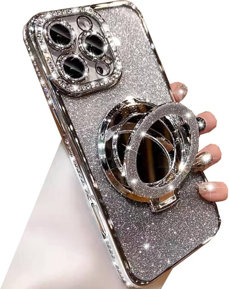 for iPhone 16 Pro Max Case with Magnetic Kickstand, Cute Sparkly Bling Glitter Rhinestones Phone Case, Glass Camera Lens Protector, Flowing Liquid Ring Stand for iPhone 16 Pro Max (Silver)