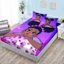 HOSIMA Girl Magic Bedding Set, Twin Size, Purple, Black Girl Theme, 1 Fitted Sheet + 2 Pillowcases, Deep Pocket, Breathable Microfiber (Twin 39"*75")