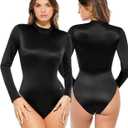 Popilush Bodysuits for Women Long Sleeve Black Leotard Slim Fit Body Suits Tops Turtle Neck Shapewear Jumpsuit Spring Outfits for Women Size L Color Black