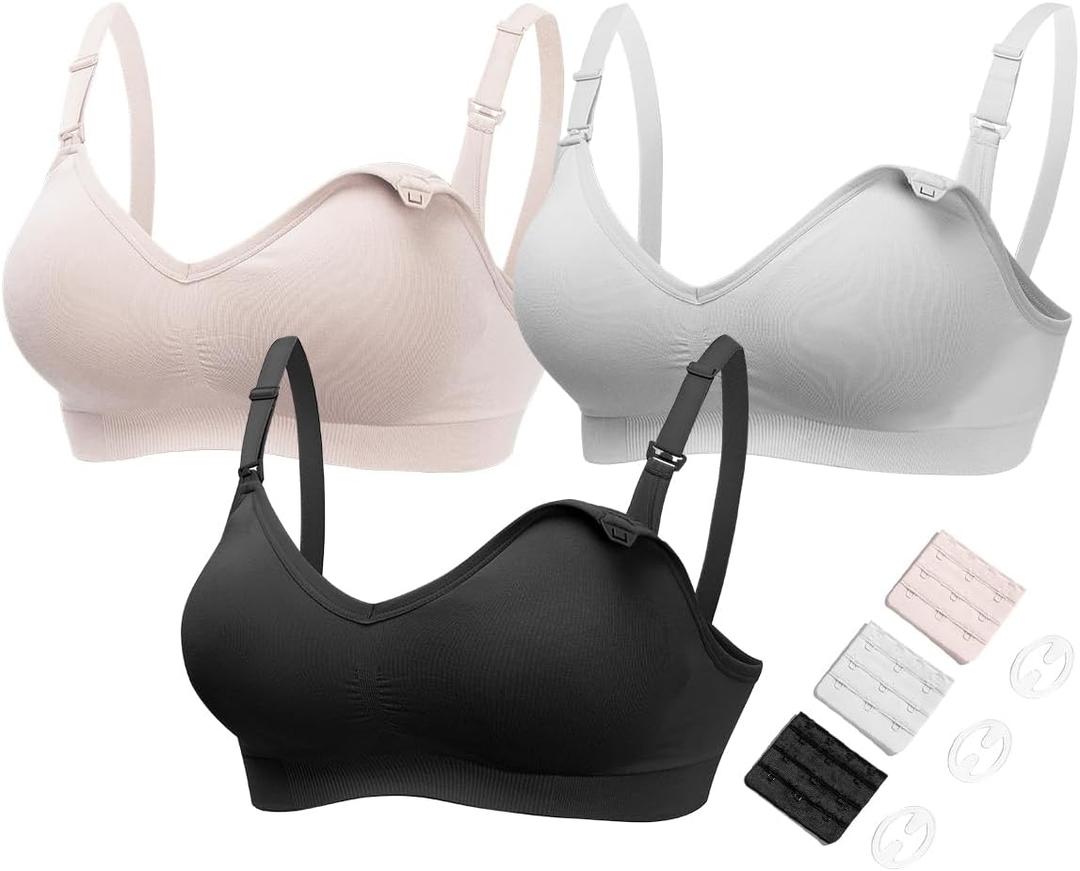 HOFISH Maternity Nursing Bras for Breastfeeding, 3 Pack Pregnancy Deep V Neck Wireless Bra with Extenders & Clips (Large, Black/Grey/Elegant Pink)