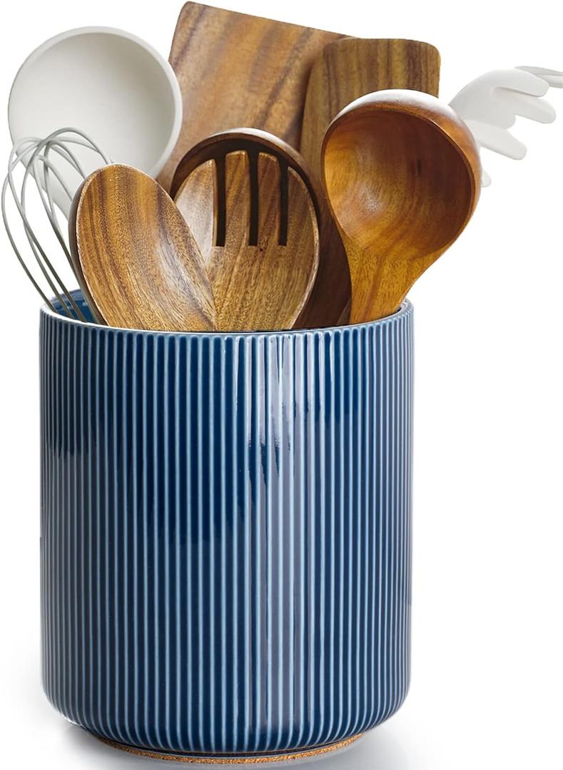 getstar Large Kitchen Utensil Holder for Kitchen Counter (H7.2 x W6.2), Ceramic Cooking Utensil Holder with Cork Mat (Navy, Utensils Not Included)