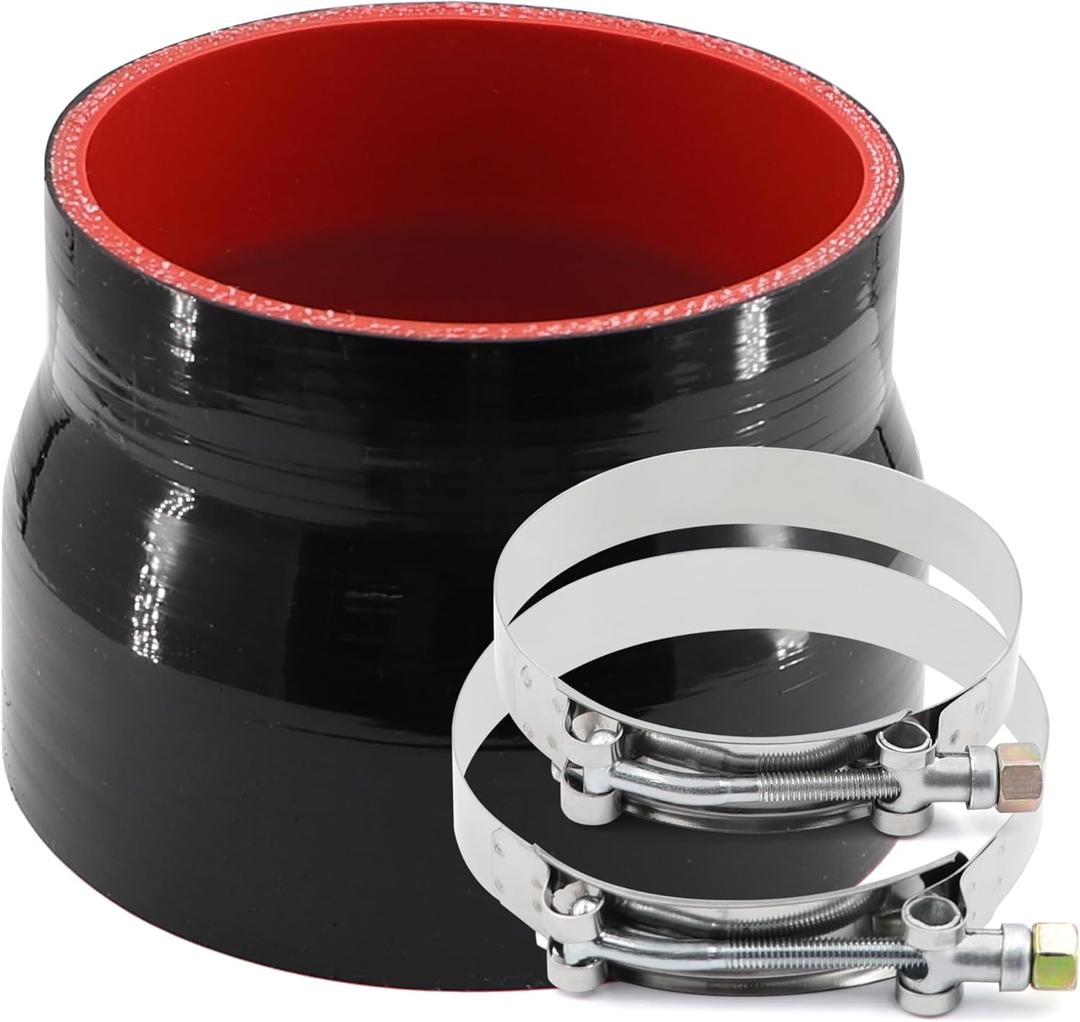 ID 3-1/2 to 4 inches Straight Black Silicone Reducer Coupler with 2 T-Bolt Clamps 4 Layers of Polyester Reinforcement Suitable High Level Turbo Pipe