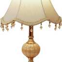 Classical Tiffany European Style Table Lamp Fabric Drum Shade and Gold Base American Decor Classic Bedside Desk Nightstand Table Lamp for Bedroom Living Room, 10.22"D x 10.22"W x 16.5"H