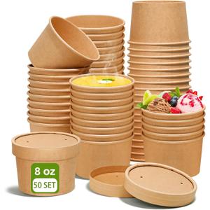 DI QIU REN 8oz Paper Soup Container Cup with Vented Lids, Disposable Paper Food Container Kraft Dessert Bowl Soup Bowls, Microwavable and Freezer Safe for Hot Soup, Ice Cream (50 Pcs - Kraft, 8 oz)