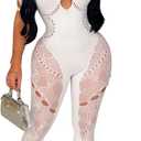ZileZile Women's Sexy See Through Outfit One Piece Bodycon Cut Out Mesh Jumpsuit (White)