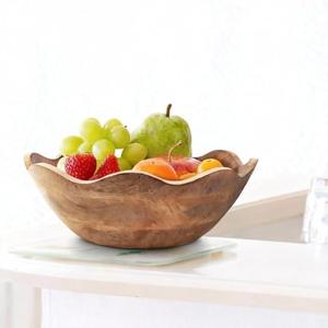 Scalloped Decorative Wooden Bowl 10 Inch Mango Wood Fruit & Serving Bowl Natural Grain Texture Ideal for Kitchen Counter Snacks Desserts Bread