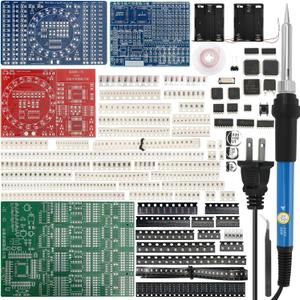 SMD/SMT Soldering Practice Kit for Beginners  4 PCB Training Boards (Blue/Red/Green + Small Blue), Covers 1206/0805/0603/0402, 60W Soldering Iron, 2 Battery Boxes, Instructions, Complete Components