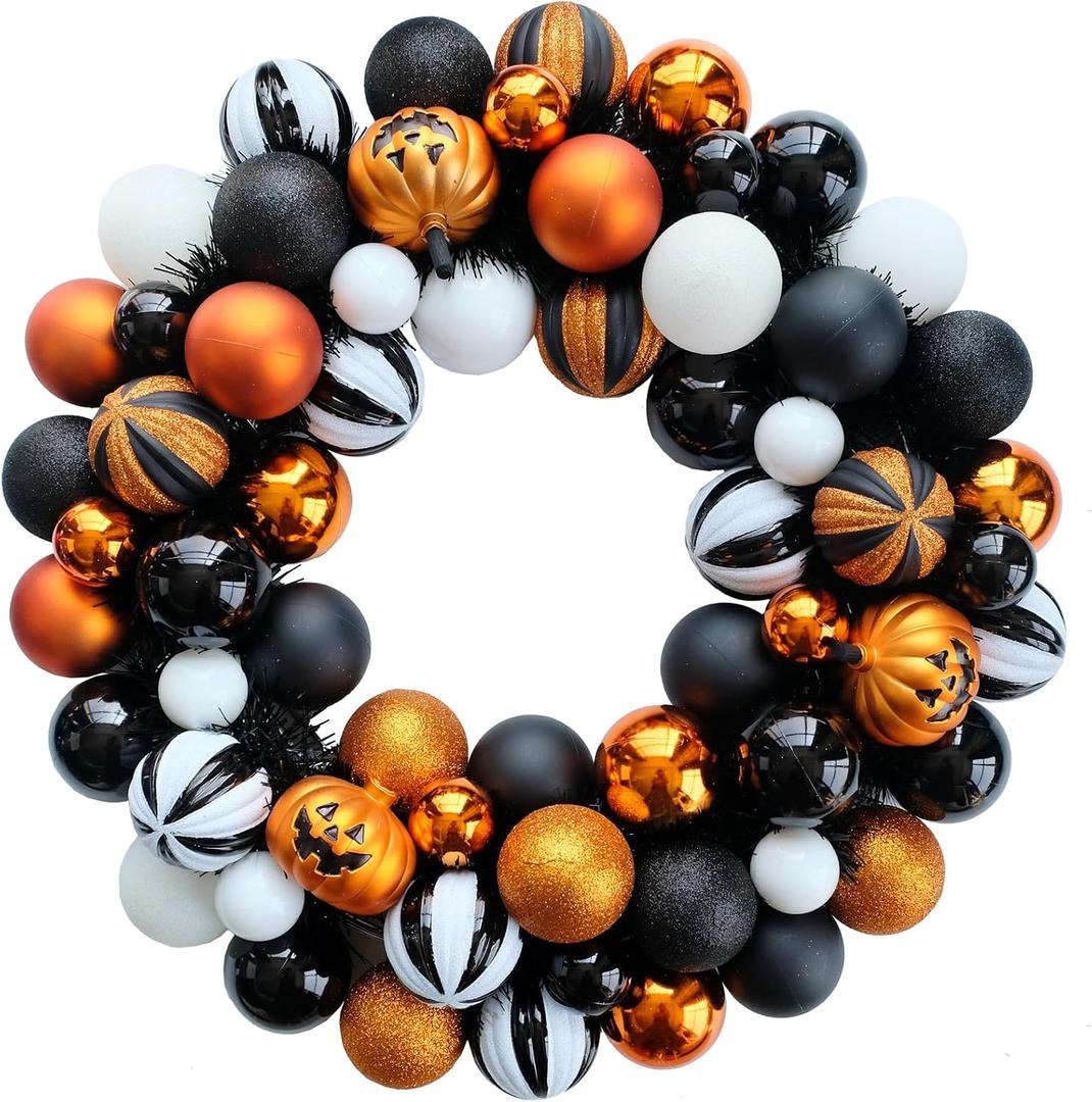 Happy Halloween Wreath for Front Door, 18 Artificial Ball Wreaths Door Decor for Home Halloween Party Decorations (18in)