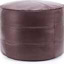 VONLUCE Stuffed Round Pouf, Genuine Leather Pouf Ottoman, Handmade Prefilled Hassock Footstool, Moroccan Style Luxury Foot Rest for Living Room Bedroom Kid Room, 18.9 x 18.9 x 14.6 in, Dark Brown