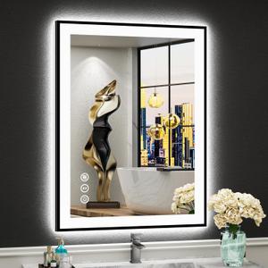 24x32 Black Framed LED Bathroom Mirror with Lights, Backlit + Front Lit, Anti-Fog Lighted Vanity Mirror for Bathroom Wall with 3 Colors, Dimmable, Memory, Tempered Glass, Horizontal/Vertical