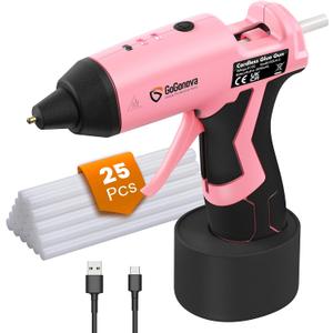 Cordless Hot Glue Gun, GoGonova 15s Fast Preheating 5Ah Built-in Battery Hot Melt Glue Gun, Smart Power-Off, Kit with 25 Pcs Premium Mini Glue Sticks and USB-C Charging Port (Pink)