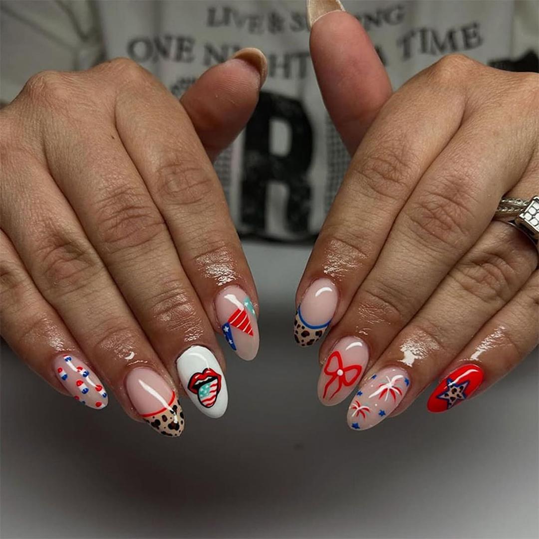 4th of July Press on Nails Medium Almond - Patriotic Fake Nails with Leopard Print French Tip, American Flag Lips & Fireworks & Star Designs, Independence Day Glue on Nails for Women 24Pcs