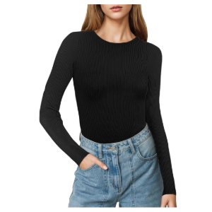 Buauty Women's Long Sleeve Crewneck Sweater 2025 Fall Ribbed Knit Fitted Shirts Slim Solid Pullovers Basic Casual Tee Tops, Size Large
