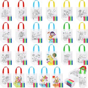 Chunful 24 Pcs Coloring Goodie Gift Bags for Kids Birthday Party with 120 Makers, Reusable Coloring Tote Bags Cute Cartoon Party Favor Non Woven with Colorful Pens DIY Crafts (Lovely with Maker)