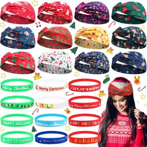 24 Pcs Christmas Party Favors Christmas Headbands Silicone Bracelets Set Xmas Headbands Rubber Bracelets for Xmas Gifts Accessories Holiday Party Supplies(Stylish Style)
