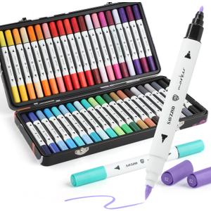 40 Colors Markers, Premium Dual Tip Markers Set with Metal Box for Artists, Adults in Coloring & Painting (Brush & Fine (dark color scheme)