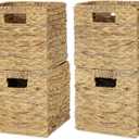 4 Pack 9in Wicker Storage Cubes, Water Hyacinth Baskets, Foldable Wicker Baskets, Storage Basket with Built-in Handles, Handwoven Natural Basket for Shelves, Outdoor