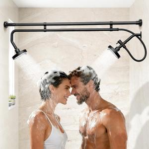 Tandem Shower Head for Couples, Dual Shower System with Sliding & 180°Rotation, Tool-Free Installation of a Dual-Head Black Shower with 3 Spray Modes
