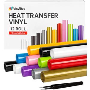 VinylRus Heat Transfer Vinyl Bundle 12 Roll-12 x 5ft Iron on Vinyl Roll for Shirts,HTV Vinyl for Silhouette Cameo, Easy to Cut & Weed (Multicolor-12 Pack)