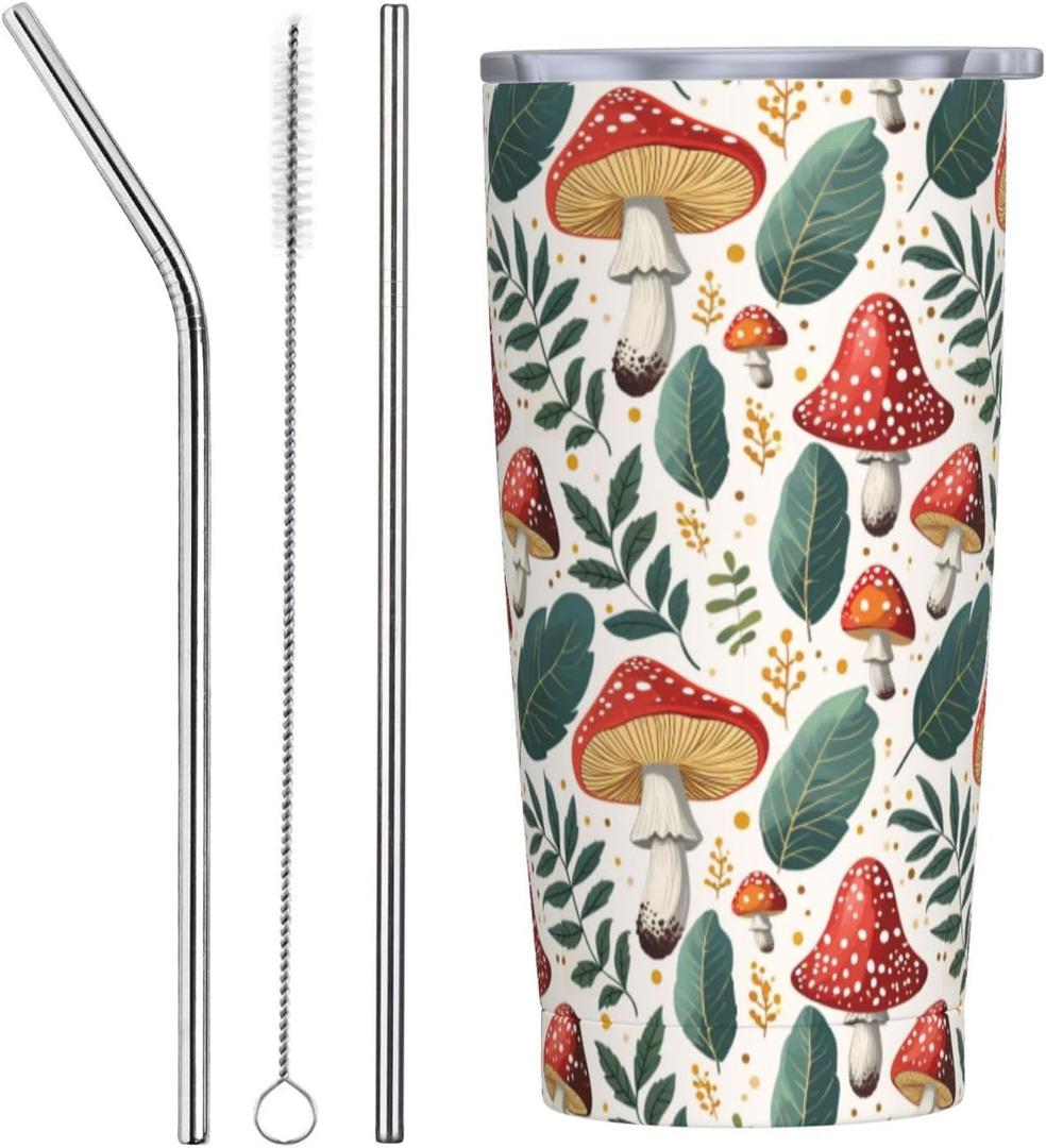 Qwalnely Mushroom Tumbler 20 OZ with Lid and Straw, Insulated Tumbler Mug Cup, Mushroom Gifts for Men Women