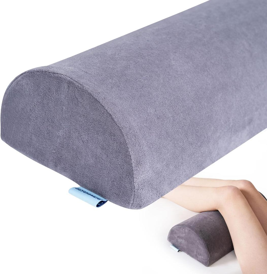 Knee Pillow for Back Sleeping, Pain Relief Memory Foam Bolster Pillow for Legs, Under Knee & Bed, Roll Round Support Wedge Pillow, Large Half Moon Pillow Ideal for Massage Table, Grey