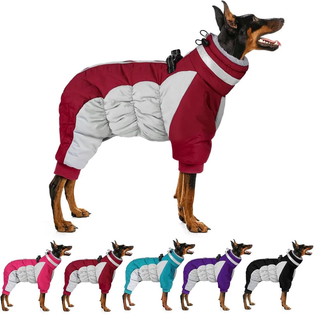 MIGOHI Full Body Dog Coat - Warm Reflective Large Dog Winter Coat with Harness, Turtleneck Fleece Jacket for Dogs, Four-Leg Windproof Puffer Jackets Snowsuit with Zipper for Dogs,2XL (XX-Large(Back:23.6"), Burgundy)