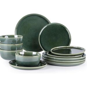 GBHOME Ceramic Dinnerware Sets for 4, 12 Pieces Stoneware Plates and Bowls Sets, Scratch Resistant Dishes, Dishwasher & Microwave Safe, Reactive Glaze-Earth Green