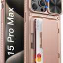 Vihibii for iPhone 15 Pro Max Wallet Case with Card Holder (4 Cards) & Slide Lens Cover & Stand, Shockproof Rugged Hard Back & Raised Edges Protection Case for iPhone 15 Pro Max, 6.7" 2023, Rose Gold