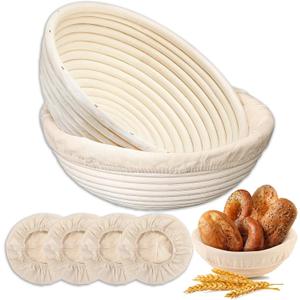 Banneton Bread Proofing Basket - Proofing Basket Set of 2 (9 inch Round) - Natural Rattan Banneton with 4 Linen Liners - Bread Basket for Sourdough Bread Baking Supplies