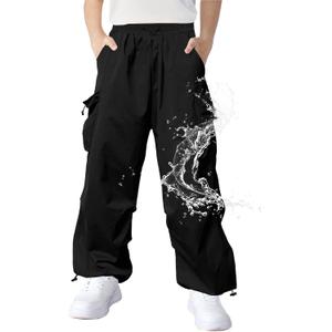 Boys Cargo Pants Waterproof Quick Drying Drawstring Hiking Pants 6-14 Years (11-12 Years, Blcak)