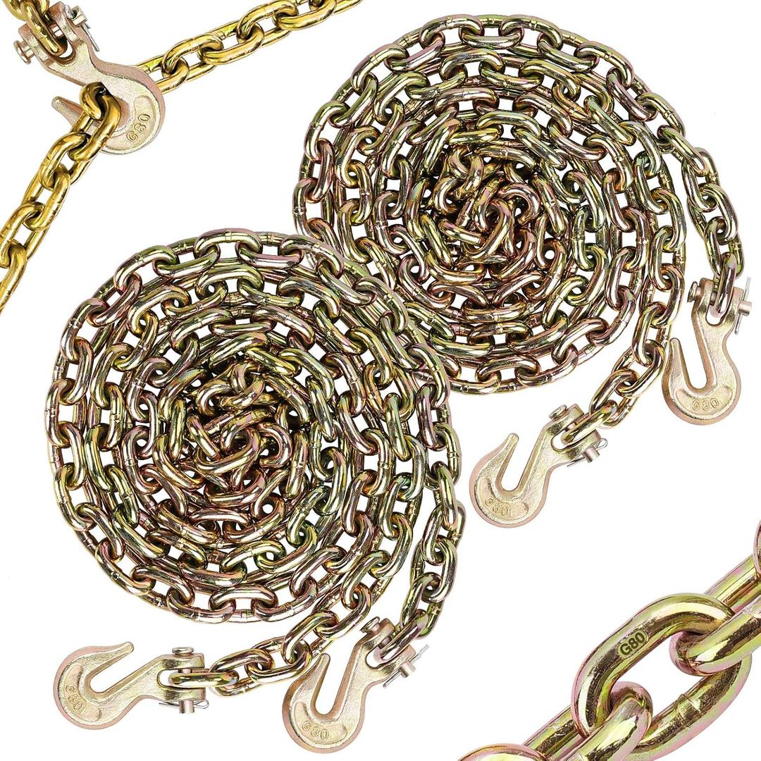 2 Pack G80 Transport Binder Chain 1/4 Inch x 10 Feet with G80 Clevis Grab Hooks, 3,300 lbs Working Limit Trailer Safety Chain, Grade 80 Tow Chains with Hook for Towing, Ratchet Binder