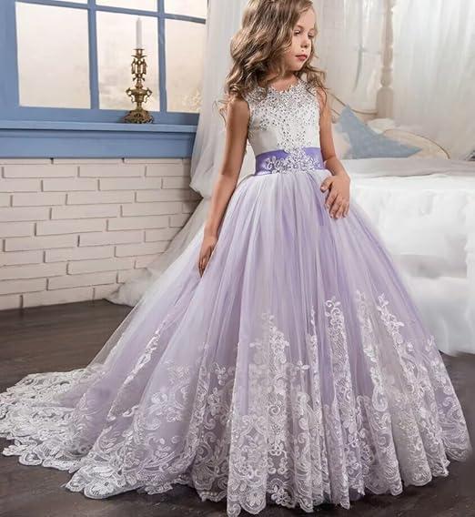 Flower Girl Dresses for Wedding Lace Appliques Princess Pageant Dress Tulle First Communion Dress for Girls, Size 8