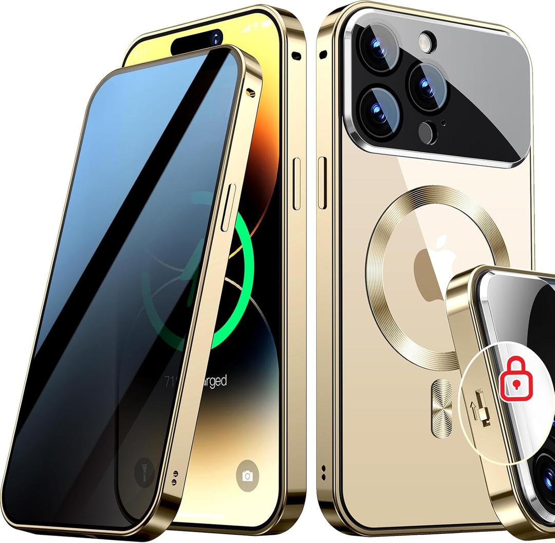 [Full Camera Protection& Mechanical Lock]Magnetic Privacy Case for iPhone 15 Pro Max[Compatible with MagSafe][CD Metal Ring] Full Body Shockproof Metal Bumper, 9H Anti Peeping Glass Cover-Gold