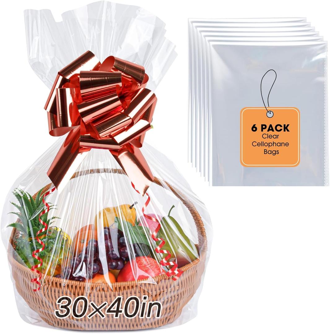 Yuiicaov 6PCS Extra Large Cellophane Bags, 30x40 Inches Clear Cellophane Wrap for Gift Baskets, Jumbo Huge Packaging Clear Gift Bags 2.8 Mil Thick