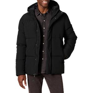 Men's Mid-Length Hooded Puffer Coat, Black, 5X-Large Big Tall
