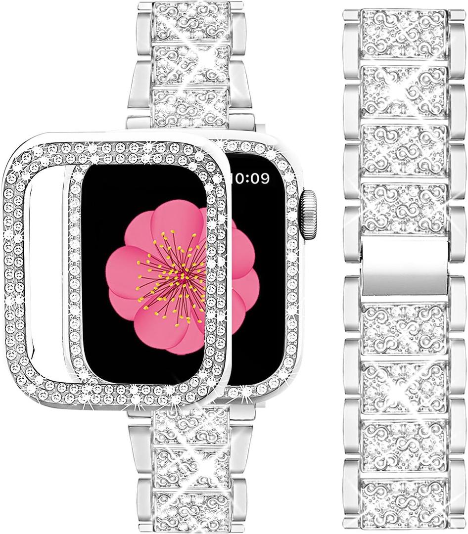 SUPOIX Compatible with Apple Watch Band 45mm + Case, Women Jewelry Bling Diamond Metal Bands & 2 Pack Protective Cover Cases for iWatch Series 9/8/7(Silver)