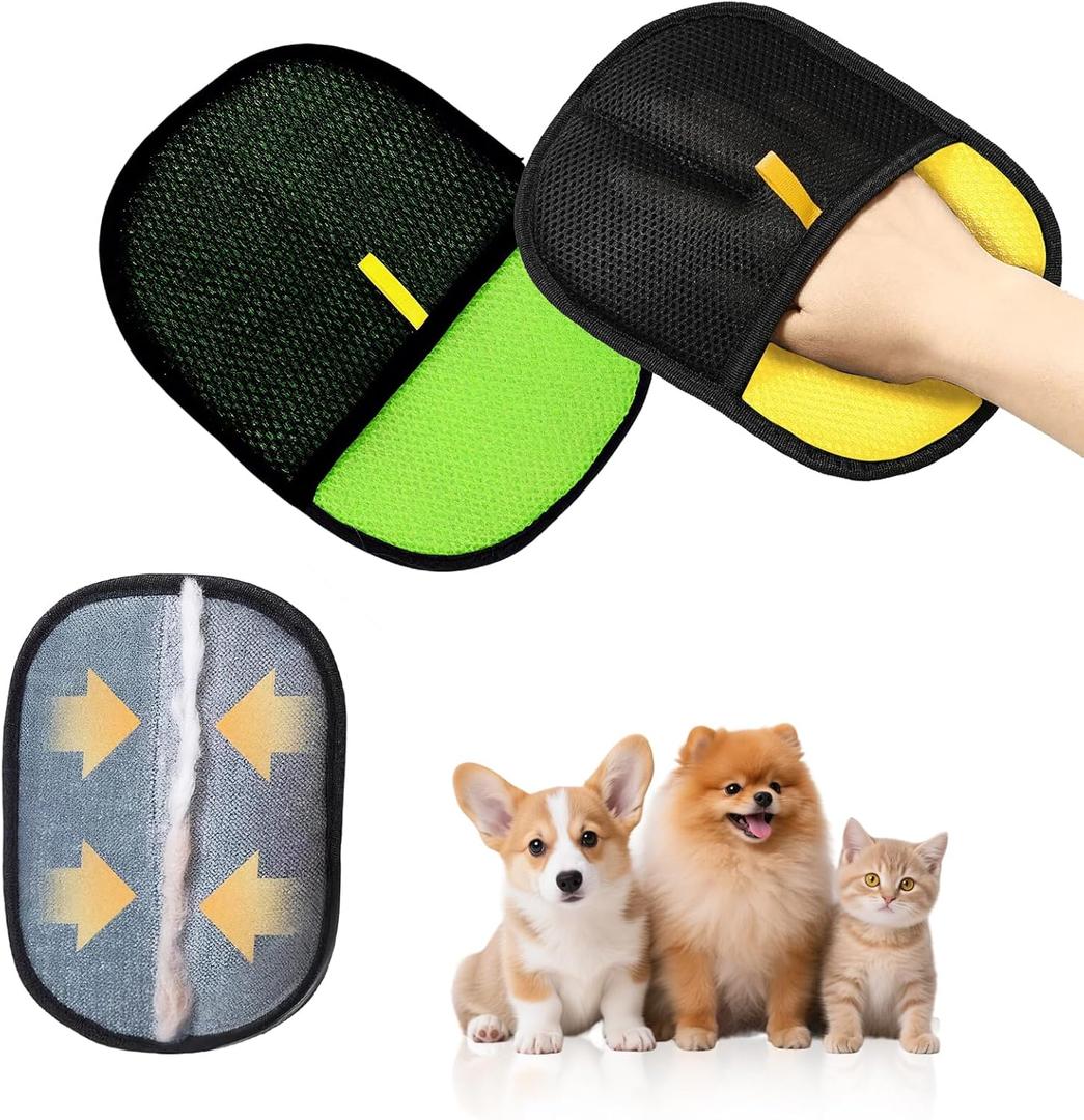 2Pcs Electrostatic Pet Hair Remover Glove for Dogs & Cats Newly Upgraded 2-in-1 Reusable Electrostatic Pet Hair Remover Tool Multipurpose Grooming and Massage Gloves for Clothing Couch Carpet Car Seat (9.45 x 6.3 x 0.39 inches, Yellow+Green)