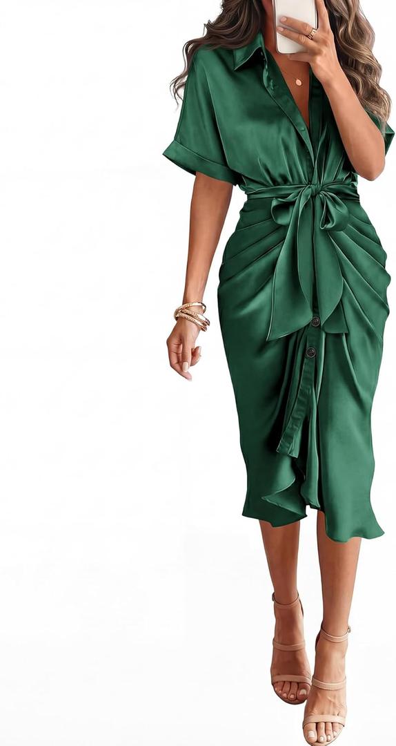 BTFBM Dresses for Women Summer Button Short Sleeve Silk Satin Ruched Spring Maxi Dress 2026 Cocktail Party Wedding S