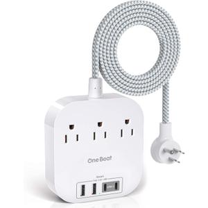 One Beat Power Strip with USB C, 3 Outlets 4 USB Ports (22.5W/4.5A) Desktop Charging Station, Flat Plug, 5ft Braided Extension Cord, Non Surge Protector for Travel, Cruise Ship, ETL Listed (White)