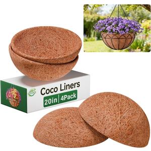 Halatool 4 Pack 20 Inch Coconut Liners for Planters 100% Natural Hanging Basket Liners Round Coco Coir Liner for Balcony Garden Patio Porch Home Decor