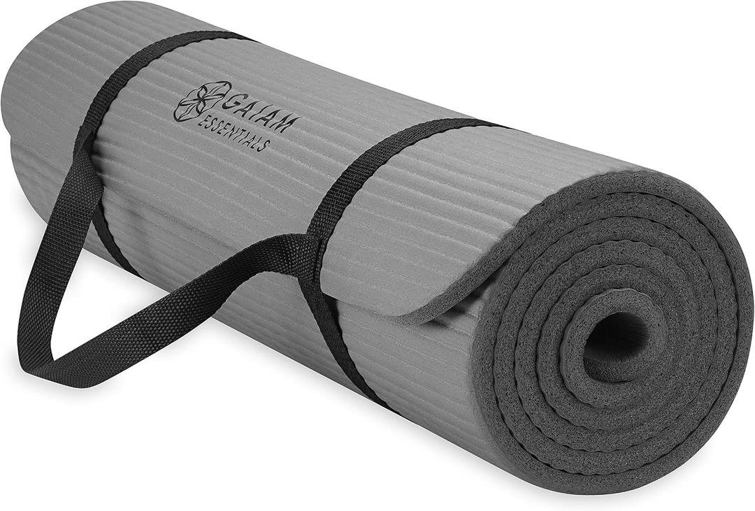 Gaiam Essentials 2/5" Thick (10mm) Yoga & Pilates, Fitness & Exercise Mat with Easy-Cinch Carrier Strap Cusion Support For Fitness and Gym Workouts