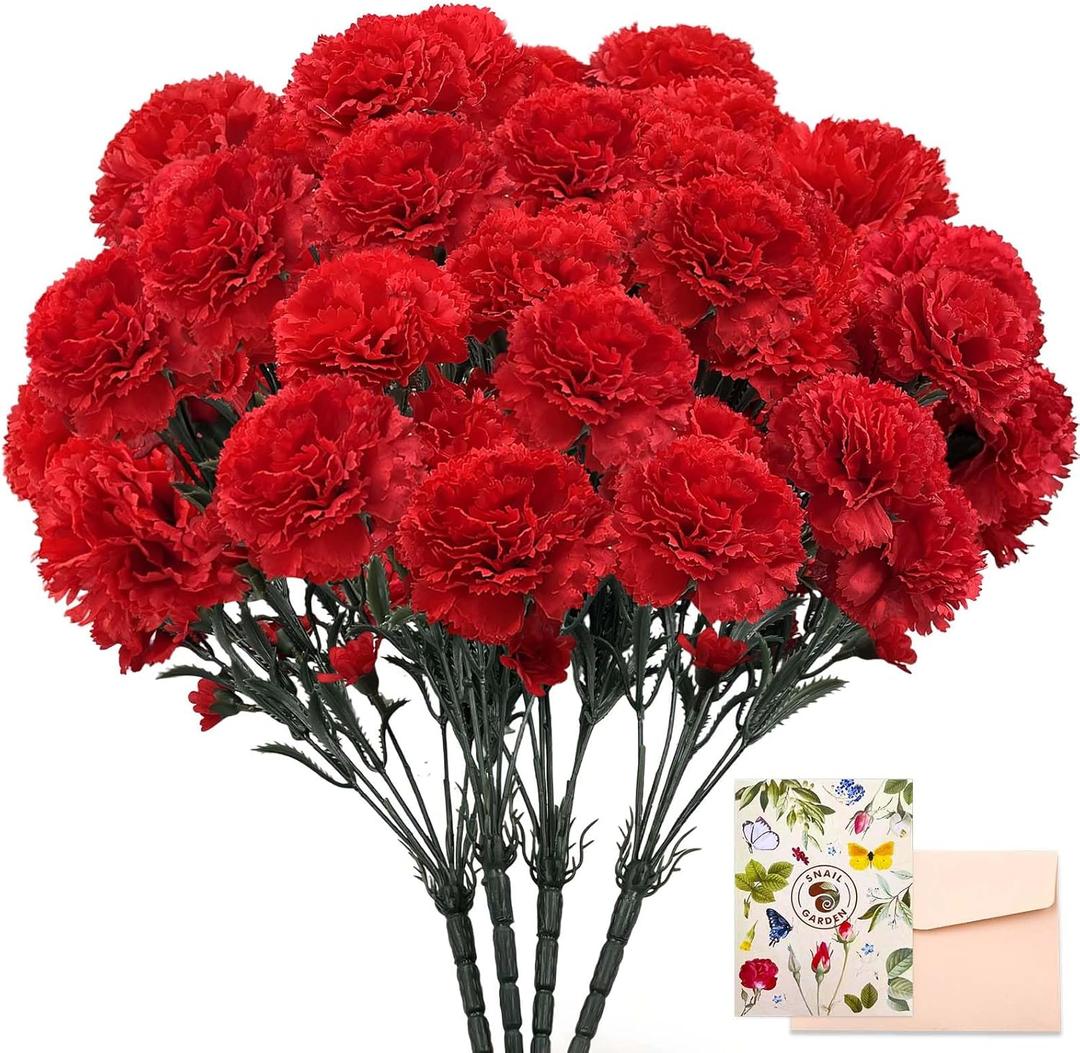 SNAIL GARDEN 28 Large Blooms Artificial Carnations Bulk with 28 Mini Blooms, Red Carnations Artificial Flowers with Leaves,Silk Carnation for Mothers Day, Wedding, Home Decor