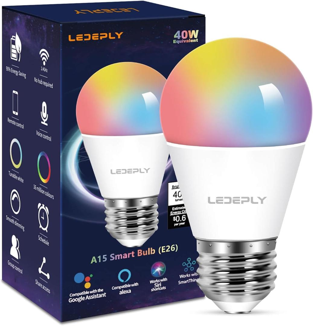 5W=40W, A15 Smart Bulb, Compatible with Alexa, Google Home, E26, Color Changing, Dimmable LED WiFi Light Bulbs, No Hub Required, 2.4GHZ WiFi Only, 400lm, 1 Pack