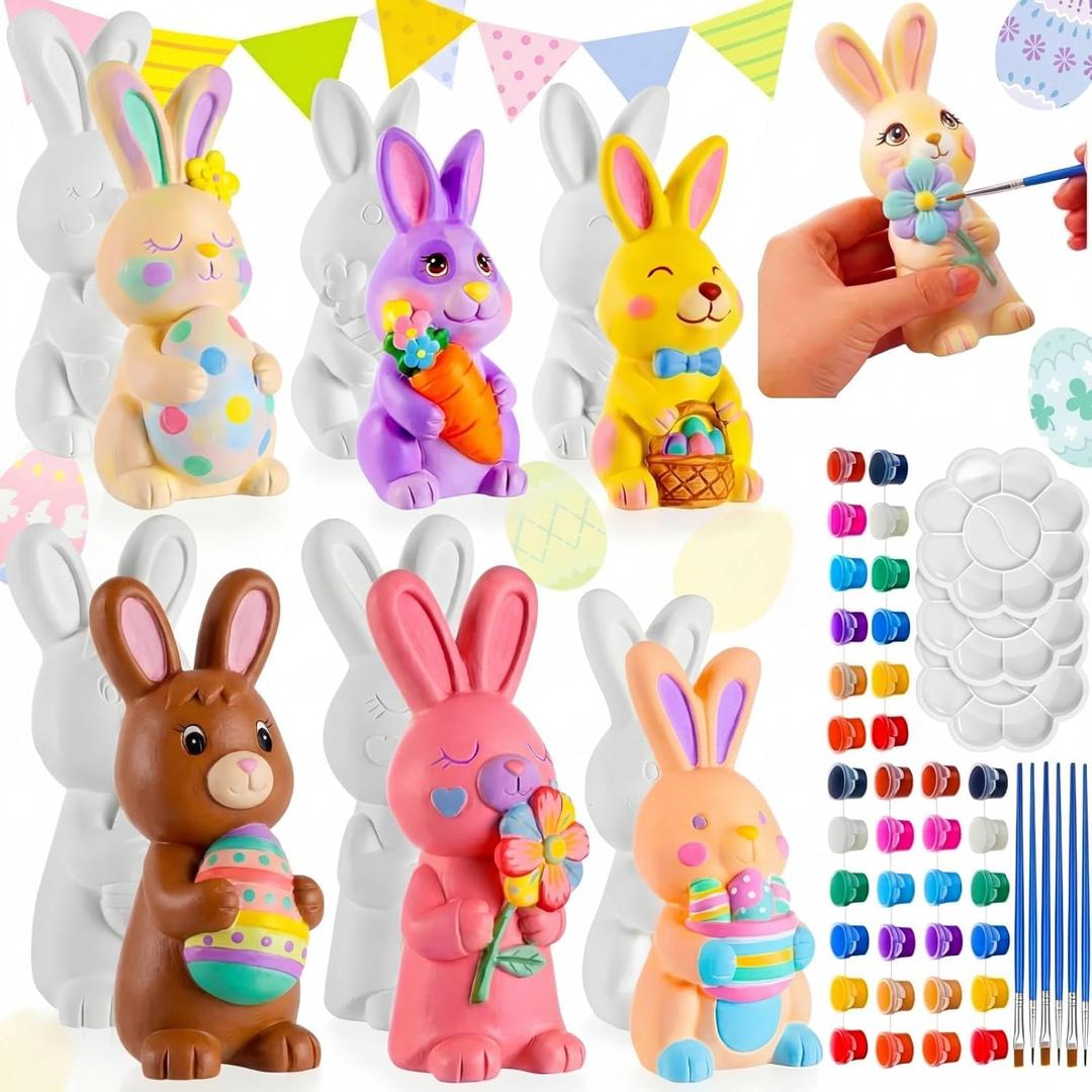 Zubebe 6 Pcs Easter Ceramics to Paint Bunny Kits Ready to Paint Your Own Easter Bunny Figurines 5.1 Inch 3D Unpainted Blank Ceramics with Brush and Palette Rabbit Statues for Craft (Simple Style)