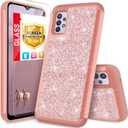 TJS Compatible with Samsung Galaxy A32 5G Case, with [Tempered Glass Screen Protector] Glitter Bling Cute Girls Women Design Dual Layer Heavy Duty Hybrid Phone Case Protector Cover (Rose Gold)